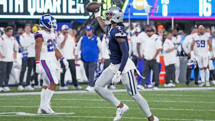 Sep 26, 2022; East Rutherford, NJ, USA;  Dallas Cowboys cornerback Trevon Diggs (7) celebrates after making an interception during the fourth quarter against the New York Giants at MetLife Stadium. Mandatory Credit: Robert Deutsch-USA TODAY Sports