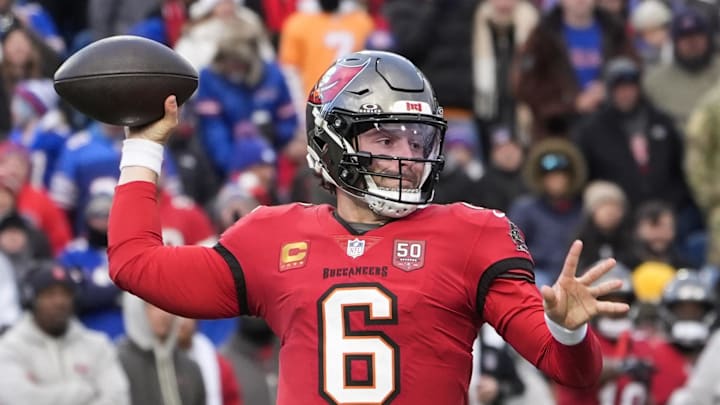 Tampa Bay Buccaneers quarterback Baker Mayfield (6) throws a pass against the Buffalo Bills 