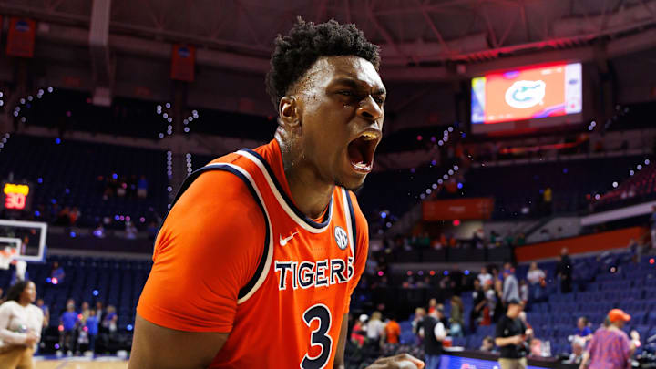Jan 24, 2026; Gainesville, Florida, USA; Auburn Tigers forward Keshawn Murphy (3) celebrates after a game against the Florida Gators at Exactech Arena at the Stephen C. O'Connell Center. Mandatory Credit: Matt Pendleton-Imagn Images