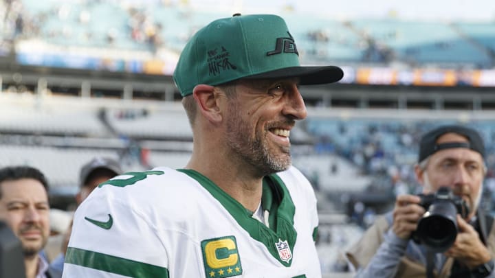 Dec 15, 2024; Jacksonville, Florida, USA; New York Jets quarterback Aaron Rodgers (8) after the game against the Jacksonville Jaguars at EverBank Stadium. Mandatory Credit: Morgan Tencza-Imagn Images