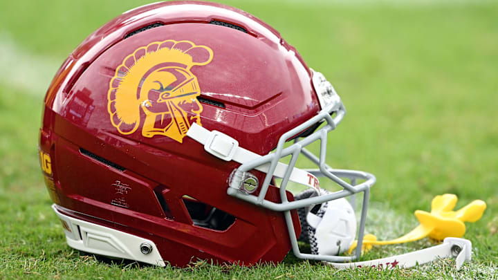 Sep 13, 2025; West Lafayette, Indiana, USA; A Southern California Trojans helmet sits on the field before the game against the Purdue Boilermakers at Ross-Ade Stadium.