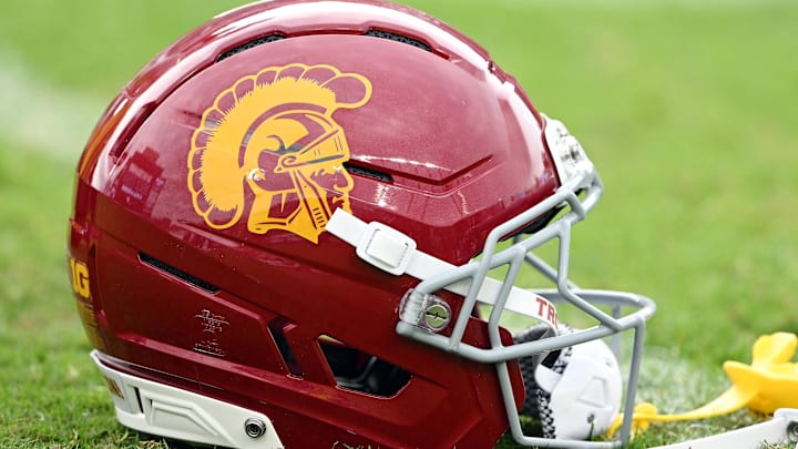 Sep 13, 2025; West Lafayette, Indiana, USA; A Southern California Trojans helmet sits on the field before the game against the Purdue Boilermakers at Ross-Ade Stadium. 
