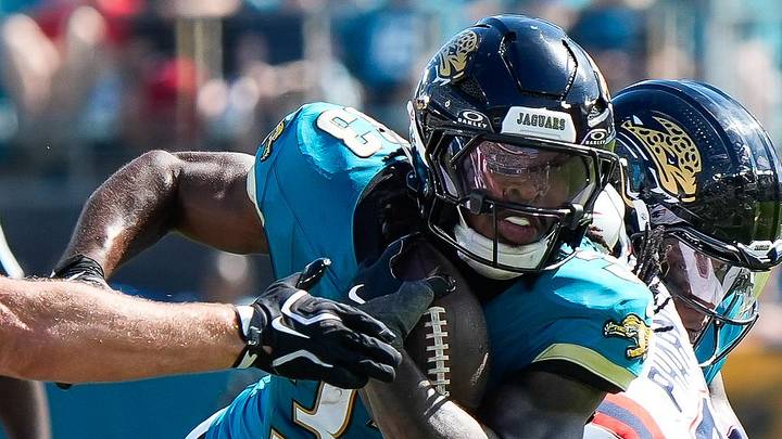 Jacksonville Jaguars running back Bhayshul Tuten (33) drives up field in the fourth quarter during an NFL football game at EverBank Stadium, Sunday, September 27, 2026, in Jacksonville, Fla. Jacksonville Jaguars running back Bhayshul Tuten (33) drives up field in the fourth quarter during an NFL football game at EverBank Stadium, Sunday, September 27, 2026, in Jacksonville, Fla.