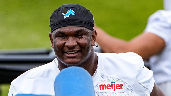 Detroit Lions defensive lineman Skyler Gill-Howard (50) warms up before practice during mini camp at Meijer Performance Center in Allen Park on Wednesday, June 17, 2026.