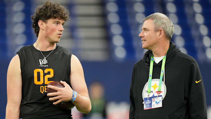 Penn State quarterback Drew Allar (QB02) speaks with Pittsburgh Steelers quarterbacks coach Tim Berbenich Penn State quarterback Drew Allar (QB02) speaks with Pittsburgh Steelers quarterbacks coach Tim Berbenich