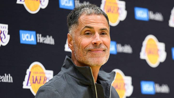 Sep 25, 2025; El Segundo, CA, USA; Los Angeles Lakers general manager Rob Pelinka, left, speaks during a press conference to preview the 2025-26 season at UCLA Health Training Center. Mandatory Credit: William Liang-Imagn Images