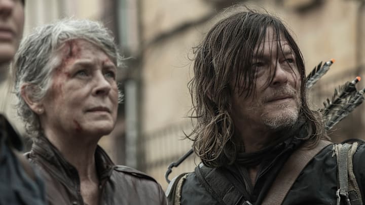Melissa McBride as Carol Peletier, Norman Reedus as Daryl Dixon, Candela Saitta as Justina - The Walking Dead: Daryl Dixon _ Season 3 - Photo Credit: Manuel Fernandez-Valdes/AMC