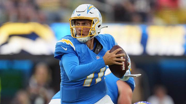 Aug 17, 2024; Inglewood, California, USA; Los Angeles Chargers quarterback Luis Perez (11) against the Los Angeles Rams in the second half at SoFi Stadium. Mandatory Credit: Kirby Lee-Imagn Images