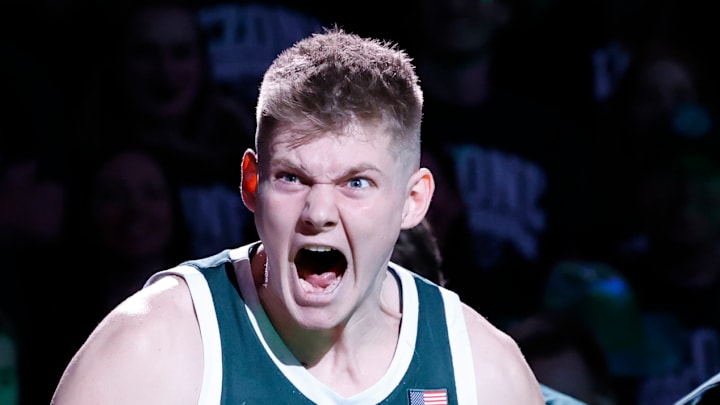 Michigan State's Jaxon Kohler yells after being introduced as a starter before a game against Northwestern at the Breslin Center on Thursday, Jan. 8, 2026.