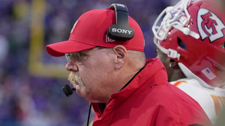 Kansas City Chiefs head coach Andy Reid watches the offense on the field during first half action against the Kansas City Chiefs at Highmark Stadium in Orchard Park on Nov. 2, 2025.