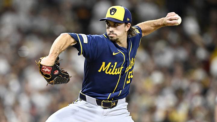 Oct 7, 2026; San Diego, California, USA;  Milwaukee Brewers pitcher Robert Gasser (54) pitches during the first inning against the San Diego Padres in game four of the NLDS for the 2026 MLB Playoffs at Petco Park.  Mandatory Credit: Denis Poroy-Imagn Images
