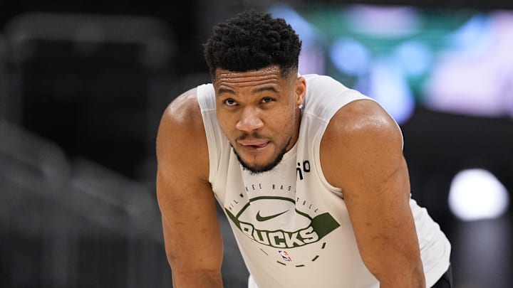 Feb 4, 2026; Milwaukee, Wisconsin, USA;  Milwaukee Bucks forward Giannis Antetokounmpo (34) during warmups prior to the game against the New Orleans Pelicans at Fiserv Forum. Mandatory Credit: Jeff Hanisch-Imagn Images