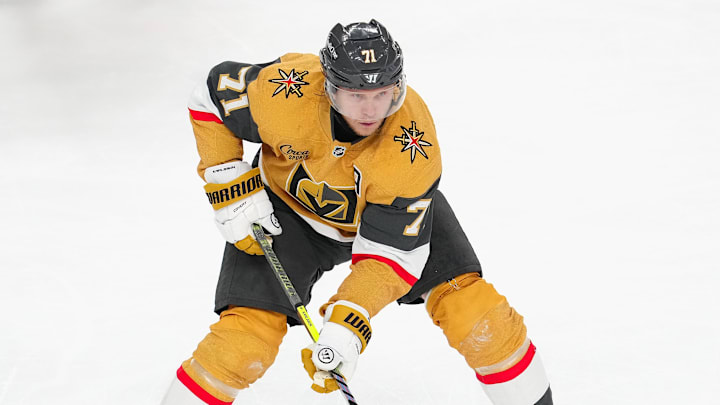 May 6, 2026; Las Vegas, Nevada, USA; Vegas Golden Knights center William Karlsson (71) skates against the Anaheim Ducks during the third period of game two of the second round of the 2026 Stanley Cup Playoffs at T-Mobile Arena. Mandatory Credit: Stephen R. Sylvanie-Imagn Images