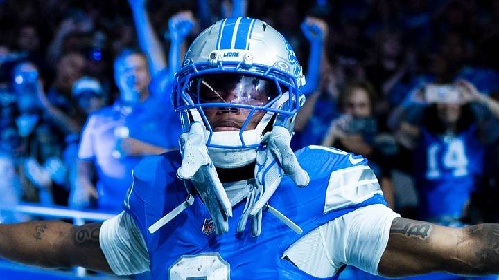 Detroit Lions running back Jahmyr Gibbs is introduced in the starting lineup ahead of the season opener against the New Orleans Saints at Ford Field in Detroit on Sunday, Sept. 13, 2026.