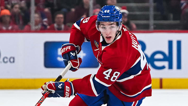 Jan 10, 2026; Montreal, Quebec, CAN; Montreal Canadiens defenseman Lane Hutson (48) plays the puck against the Detroit Red Wings during the first period at Bell Centre. Mandatory Credit: David Kirouac-Imagn Images