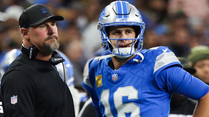 Nov 2, 2025; Detroit, Michigan, USA; Detroit Lions quarterback Jared Goff (16) speaks with head coach Dan Campbell in the first half against the Minnesota Vikings at Ford Field.