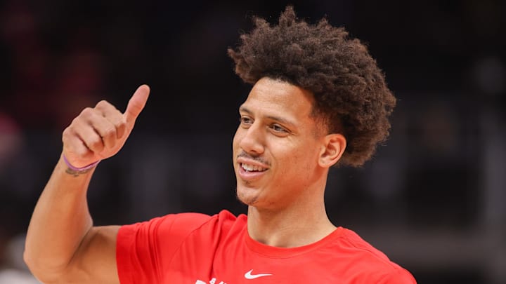 Hawks forward Jalen Johnson (1) prepares for a game against the Utah Jazz in the first quarter at State Farm Arena. Hawks forward Jalen Johnson (1) prepares for a game against the Utah Jazz in the first quarter at State Farm Arena.