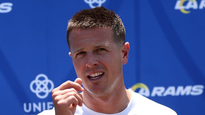 Jul 31, 2024; Los Angeles, CA, USA;  Los Angeles Rams offensive coordinator Mike LaFleur speaks to the media after training camp at Loyola Marymount University. Mandatory Credit: Kiyoshi Mio-Imagn Images