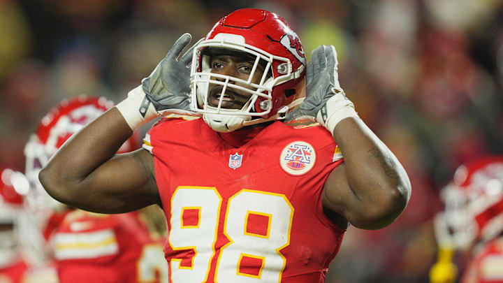 Jan 18, 2025; Kansas City, Missouri, USA; Kansas City Chiefs defensive tackle Tershawn Wharton (98) reacts during the fourth quarter of a 2025 AFC divisional round game against the Houston Texans at GEHA Field at Arrowhead Stadium. Mandatory Credit: Jay Biggerstaff-Imagn Images