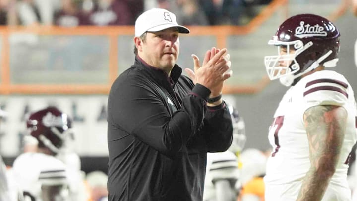 Mississippi State coach Jeff Lebby before an NCAA college football game between Tennessee and Mississippi State at Neyland Stadium in Knoxville, Tenn., Saturday, Nov. 9, 2024.