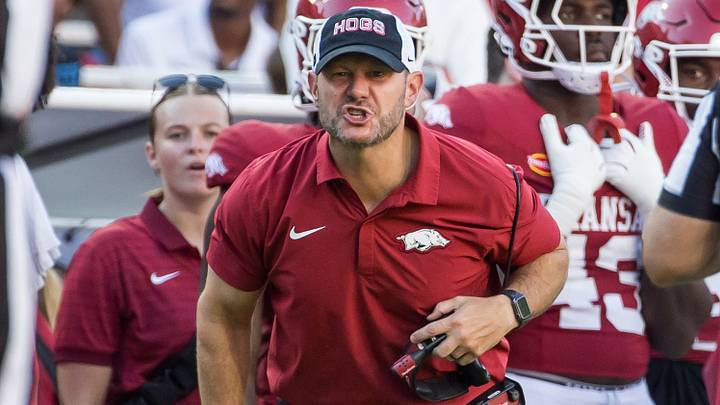 Arkansas Razorbacks head coach Ryan Silverfield yells towards a referee during the third quarter against the Tennessee Volunteers at Donald W. Reynolds Razorback Stadium. Arkansas Razorbacks head coach Ryan Silverfield yells towards a referee during the third quarter against the Tennessee Volunteers at Donald W. Reynolds Razorback Stadium.
