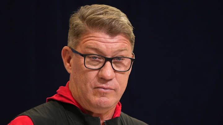 Feb 25, 2025; Indianapolis, IN, USA; Tampa Bay Buccaneers general manager Jason Licht speaks during the NFL Scouting Combine at the Indiana Convention Center. Mandatory Credit: Kirby Lee-Imagn Images