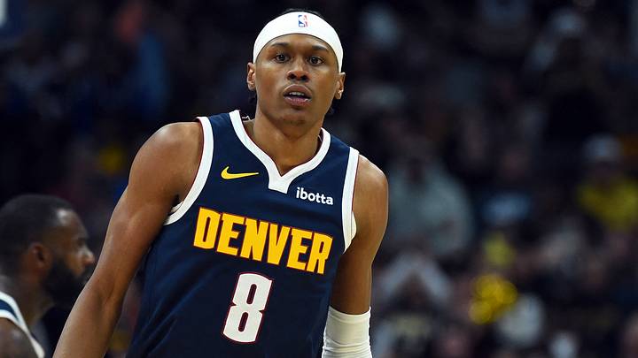 Mar 27, 2026; Denver, Colorado, USA; Denver Nuggets guard Peyton Watson (8) after making a basket during the second half against the Utah Jazz at Ball Arena. Mandatory Credit: Christopher Hanewinckel-Imagn Images