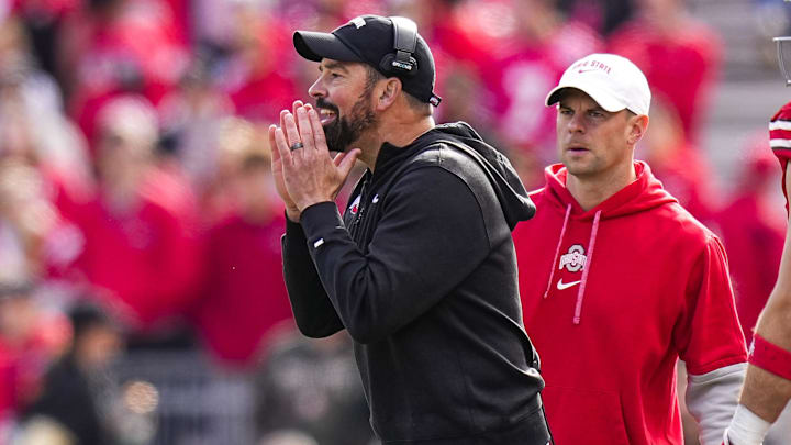 Nov 9, 2024; Columbus, Ohio, USA; Ohio State Buckeyes head coach Ryan Day yells at his players in the first half against the Purdue Boilermakers at Ohio Stadium. Mandatory Credit: Samantha Madar-Imagn Images