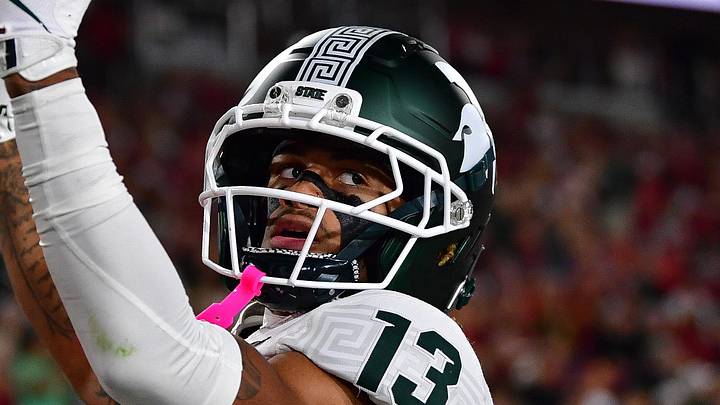 Sep 20, 2025; Los Angeles, California, USA; Michigan State Spartans wide receiver Chrishon McCray (13) celebrates his touchdown scored against the Southern California Trojans during the first half at the Los Angeles Memorial Coliseum. Sep 20, 2025; Los Angeles, California, USA; Michigan State Spartans wide receiver Chrishon McCray (13) celebrates his touchdown scored against the Southern California Trojans during the first half at the Los Angeles Memorial Coliseum.