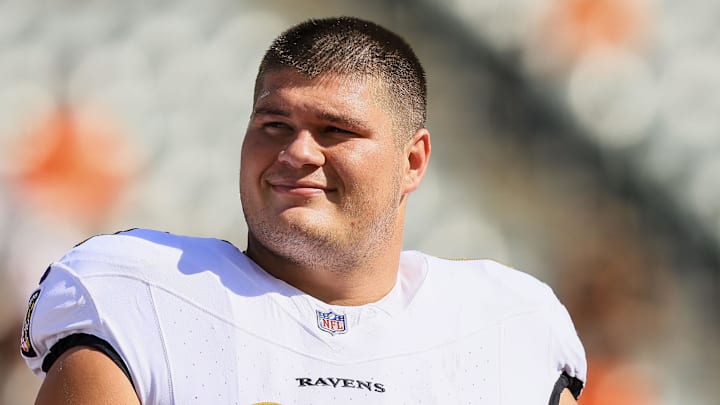 Oct 6, 2024; Cincinnati, Ohio, USA; Baltimore Ravens center Tyler Linderbaum (64) during warmups before the game against the Cincinnati Bengals at Paycor Stadium. Mandatory Credit: Katie Stratman-Imagn Images