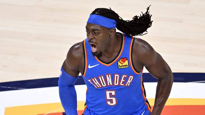 May 30, 2026; Oklahoma City, Oklahoma, USA; Oklahoma City Thunder guard Luguentz Dort (5) reacts in the second quarter against the San Antonio Spurs during game seven of the western conference finals for the 2026 NBA playoffs at Paycom Center. Mandatory Credit: Jerome Miron-Imagn Images