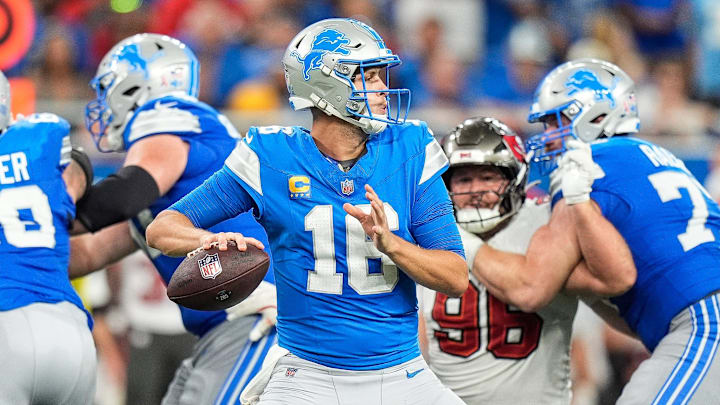 Detroit Lions quarterback Jared Goff (16) looks to pass against Tampa Bay Buccaneers at Ford Field Detroit Lions quarterback Jared Goff (16) looks to pass against Tampa Bay Buccaneers at Ford Field