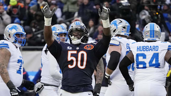Jan 4, 2026; Chicago, Illinois, USA; Chicago Bears defensive end Grady Jarrett (50) celebrates after a sack against the Detroit Lions during the first half at Soldier Field.