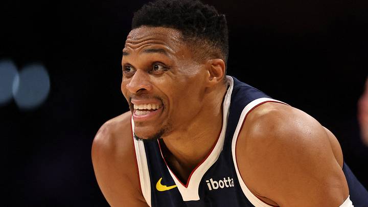 Nov 23, 2024; Los Angeles, California, USA;  Denver Nuggets guard Russell Westbrook (4) reacts to a play during the third quarter against the Los Angeles Lakers at Crypto.com Arena. Mandatory Credit: Kiyoshi Mio-Imagn Images