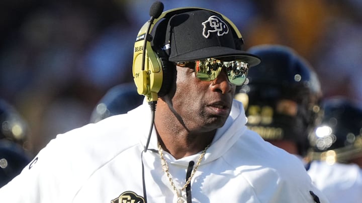 Oct 7, 2023; Tempe, Arizona, USA; Colorado Buffaloes head coach Deion Sanders walks the sidelines as his team takes on the ASU Sun Devils at Mountain America Stadium.