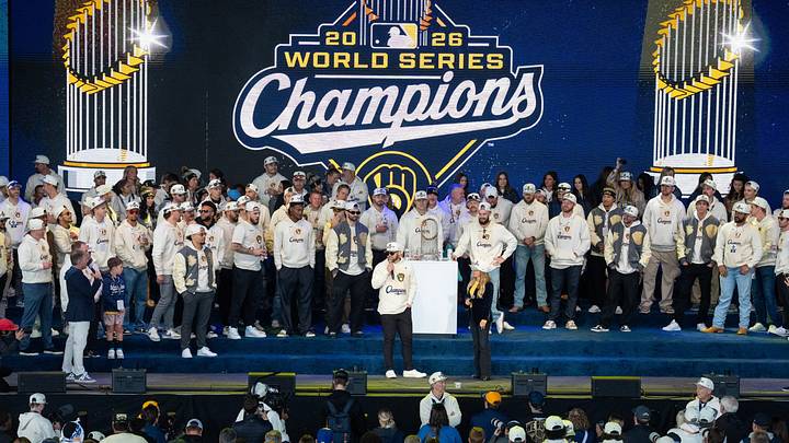The Milwaukee gather on stage during the championship rally Friday, Oct. 30, 2026 at the American Family Insurance Amphitheater in Milwaukee, Wisconsin. The Brewers beat the Tampa Bay Rays to become the 2026 World Series champions.