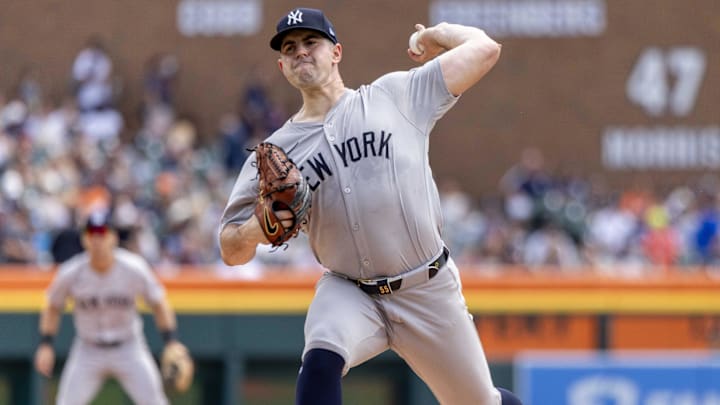 Aug 17, 2024; Detroit, Michigan, USA; New York Yankees starting pitcher Carlos Rodón (55) delivers in the first inning against the Detroit Tigers at Comerica Park.
