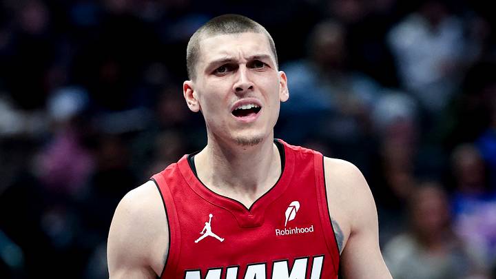 Miami Heat guard Tyler Herro (14) reacts during the first half against the Dallas Mavericks at American Airlines Center on February 13, 2025. Miami Heat guard Tyler Herro (14) reacts during the first half against the Dallas Mavericks at American Airlines Center on February 13, 2025.
