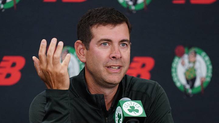 Sep 29, 2025; Boston, MA, USA; Boston Celtics president of basketball operations Brad Stevens talks to reporters during media day at the Auerbach Center. Mandatory Credit: David Butler II-Imagn Images