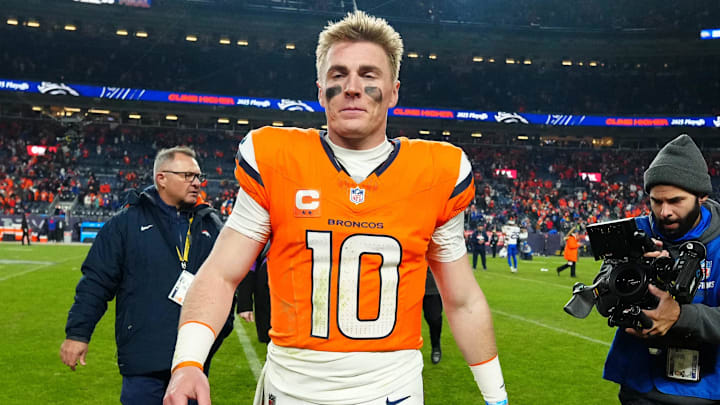 Jan 17, 2026; Denver, CO, USA; Denver Broncos quarterback Bo Nix (10) reacts after winning an AFC Divisional Round playoff game against the Buffalo Bills at Empower Field at Mile High. 