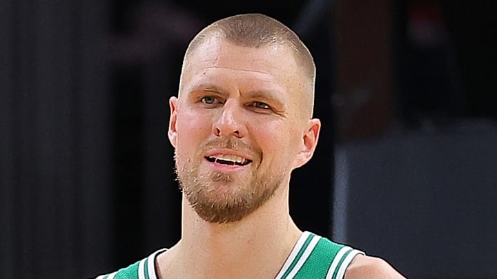 Kristaps Porzingis #8 of the Boston Celtics reacts against the Atlanta Hawks.