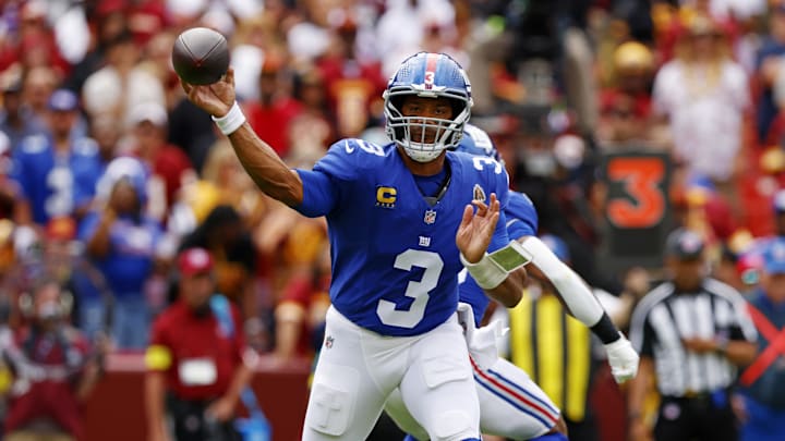 Sep 7, 2025; Landover, Maryland, USA; New York Giants quarterback Russell Wilson (3) makes a pass during the first quarter against the Washington Commanders at Northwest Stadium. Mandatory Credit: Peter Casey-Imagn Images Sep 7, 2025; Landover, Maryland, USA; New York Giants quarterback Russell Wilson (3) makes a pass during the first quarter against the Washington Commanders at Northwest Stadium. Mandatory Credit: Peter Casey-Imagn Images