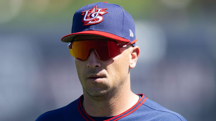 Mar 3, 2026; Scottsdale, AZ, USA; Team USA third baseman Alex Bregman against the San Francisco Giants during a spring training game at Scottsdale Stadium. Mandatory Credit: Mark J. Rebilas-Imagn Images