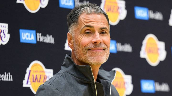 Sep 25, 2025; El Segundo, CA, USA; Los Angeles Lakers general manager Rob Pelinka, left, speaks during a press conference to preview the 2025-26 season at UCLA Health Training Center. Mandatory Credit: William Liang-Imagn Images