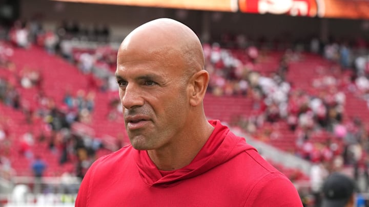 Sep 28, 2025; Santa Clara, California, USA; San Francisco 49ers defensive coordinator Robert Saleh walks off of the field after the game against the Jacksonville Jaguars at Levi's Stadium. Mandatory Credit: Darren Yamashita-Imagn Images