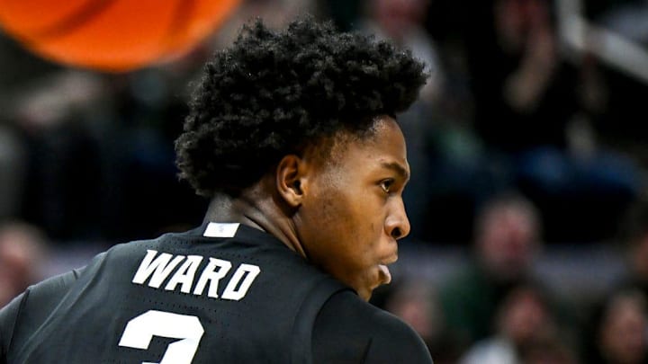 Michigan State's Cam Ward celebrates after a dunk against USC during the first half on Monday, Jan. 5, 2026, at the Breslin Center in East Lansing.