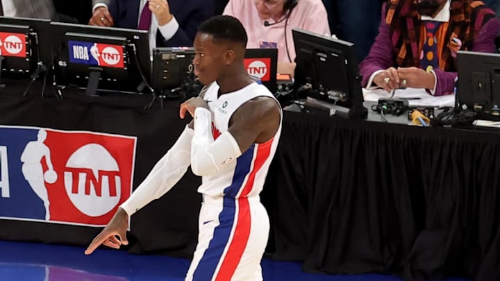 Apr 21, 2025; New York, New York, USA; Detroit Pistons guard Dennis Schroder (17) celebrates his three point shot against the New York Knicks during the fourth quarter of game two of the first round of the 2024 NBA Playoffs at Madison Square Garden. Mandatory Credit: Brad Penner-Imagn Images
