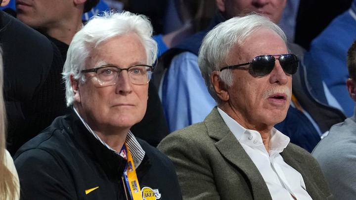 Feb 14, 2026; Los Angeles, CA, USA; Los Angeles Dodgers chairman and controlling owner Mark Walter (left), Los Angeles Rams owner Stan Kroenke (center), and Rams coach Sean McVay look on during the 2026 NBA All Star Saturday Night at Intuit Dome. Mandatory Credit: Kirby Lee-Imagn Images