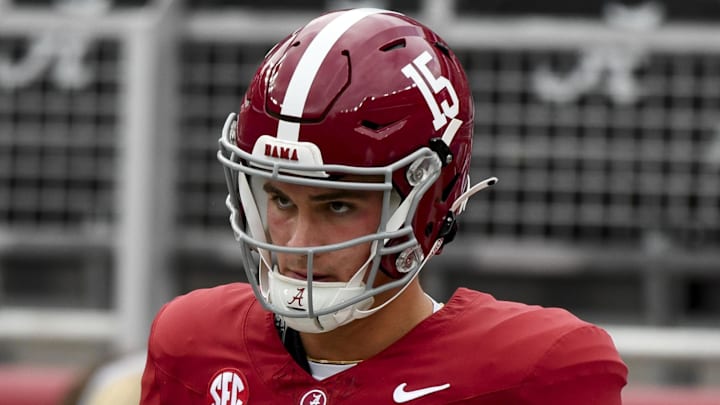 Sep 7, 2024; Tuscaloosa, Alabama, USA;  Alabama Crimson Tide quarterback Ty Simpson (15) warms up before a game against the South Florida Bulls at Bryant-Denny Stadium. Mandatory Credit: Gary Cosby Jr.-Imagn Images