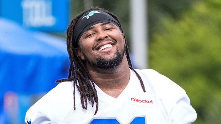 Detroit Lions defensive tackle Tyleik Williams (91) walks off the field after practice during training camp at Meijer Performance Center in Allen Park on Sunday, July 20, 2025.